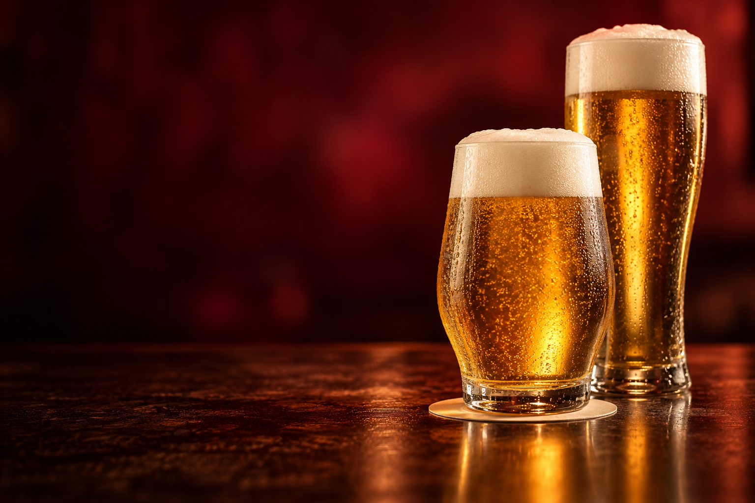 Inszeniertes Konzeptbild: zwei goldene Biere auf einer dunklen Theke
